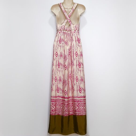 Ann Taylor LOFT 100% Silk Tribal Print Pink Cream Crossover Maxi Dress Size 0 - Picture 8 of 9